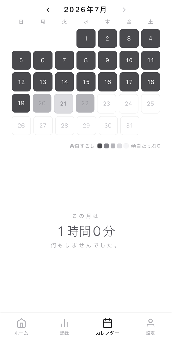 カレンダー。何もしなかった日ほど白くなる